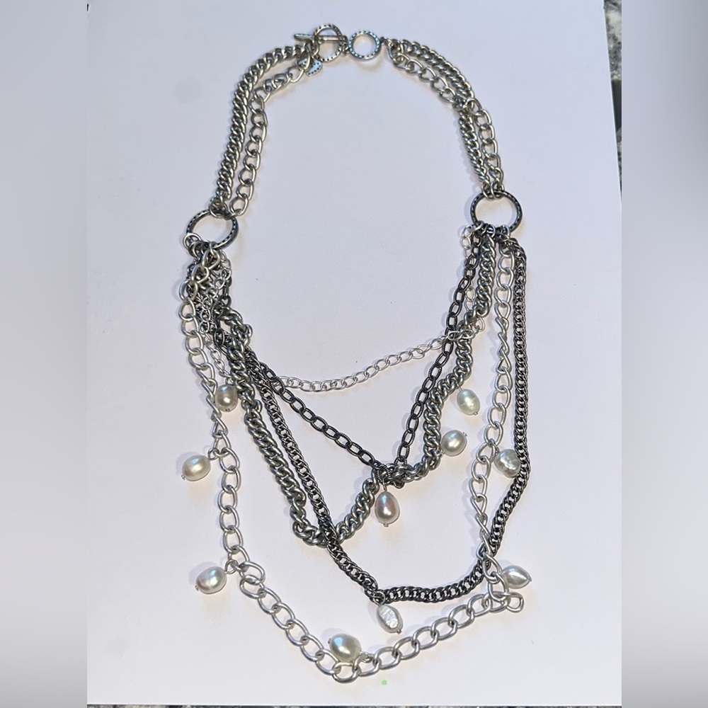 Stella & Dot silver tone necklace with genuine pearls
